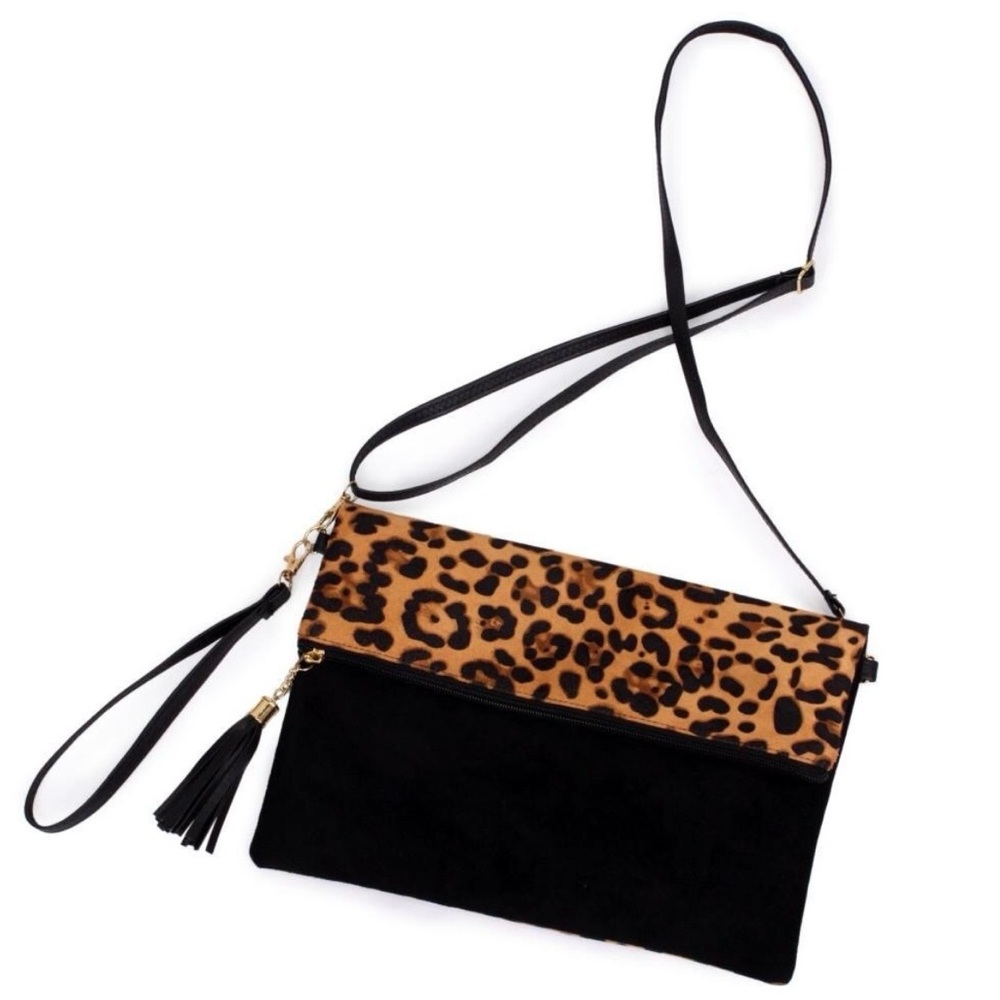 NEW L.I.B. New York Clutch Wristlet Crossbody Leopard Print Fold Over Bag